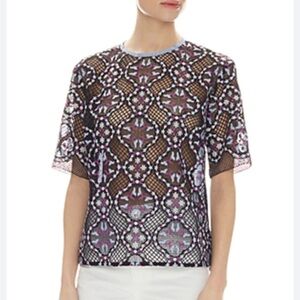 Sandro Charlotte Lace-and-Stripe Top Elegant Black Lace Women's Top‎